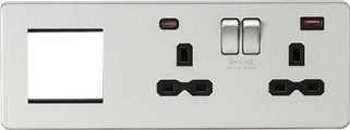 KnightsBridge Screwless 13A 2G DP Socket with USB Fastcharge + 2G Modular Combination Plate, Brushed Chrome