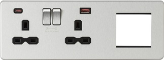 KnightsBridge Screwless 13A 2G DP Socket with USB Fastcharge + 2G Modular Plate - Brushed Chrome