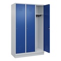 C+P Spind Classic PLUS, 3 Abteile, lichtgrau / enzianblau, B 1200 mm, mit Bodensockel, Zylinderschloss