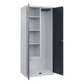 C+P Putzmittelspind Classic PLUS, 1 Abteil, Trennwand mittig, verkürzt, lichtgrau / grau, B 800 mm, mit Bodengleitern, Zylinderschloss