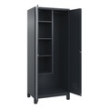 C+P Putzmittelspind Classic PLUS, 1 Abteil, Trennwand mittig, verkürzt, grau, B 800 mm, mit Füßen, Drehriegel