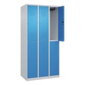 C+P Doppelstock-Spind Classic PLUS, 3 Abteile, lichtgrau / lichtblau, HxB 1850 x 900 mm, mit Bodengleitern, Zylinderschloss