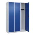 C+P Spind Classic PLUS, 3 Abteile, lichtgrau / enzianblau, B 1200 mm, mit Bodengleitern, Zylinderschloss