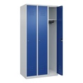 C+P Spind Classic PLUS, 3 Abteile, lichtgrau / enzianblau, B 900 mm, mit Bodengleitern, Zylinderschloss