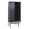 C+P Spind Classic PLUS Sitzbank, 2 Abteile, grau, B 800 mm, Sicherheits-Drehriegel, auskragend, Buche-Hartholz