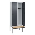 C+P Spind Classic PLUS Sitzbank, 2 Abteile, lichtgrau / grau, B 800 mm, Sicherheits-Drehriegel, auskragend, Buche-Hartholz