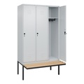 C+P Spind Classic PLUS Sitzbank, 3 Abteile, lichtgrau, B 1200 mm, Sicherheits-Drehriegel, auskragend, Buche-Hartholz