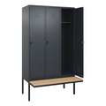 C+P Spind Classic PLUS Sitzbank, 3 Abteile, grau, B 1200 mm, Sicherheits-Drehriegel, auskragend, Buche-Hartholz