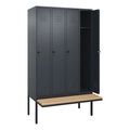 C+P Spind Classic PLUS Sitzbank, 4 Abteile, grau, B 1200 mm, Sicherheits-Drehriegel, auskragend, Buche-Hartholz
