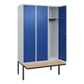 C+P Spind Classic PLUS Sitzbank, 3 Abteile, lichtgrau / enzianblau, B 1200 mm, Zylinderschloss, auskragend, Buche-Hartholz