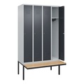 C+P Spind Classic PLUS Sitzbank, 4 Abteile, lichtgrau / grau, B 1200 mm, Zylinderschloss, auskragend, Buche-Hartholz