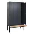 C+P Spind Classic PLUS Sitzbank, 4 Abteile, grau, B 1200 mm, Zylinderschloss, auskragend, Buche-Hartholz