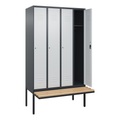 C+P Spind Classic PLUS, 4 Abteile, HxBxT 2.120 x 1.200 x 815 mm, Zylinderschloss, auskragende Bank aus Buche, anthrazitgrau, lichtgrau