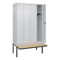 C+P Spind Classic PLUS Sitzbank, 4 Abteile, lichtgrau, B 1200 mm, Zylinderschloss, auskragend, Buche-Hartholz