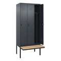 C+P Spind Classic PLUS Sitzbank, 3 Abteile, mittig, grau, B 900 mm, Sicherheits-Drehriegel, auskragend, Buche-Hartholz