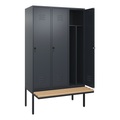 C+P Spind Classic PLUS Sitzbank, 3 Abteile, mittig, grau, B 1200 mm, Sicherheits-Drehriegel, auskragend, Buche-Hartholz