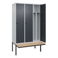 C+P Spind Classic PLUS Sitzbank, 3 Abteile, mittig, lichtgrau / grau, B 1200 mm, Sicherheits-Drehriegel, auskragend, Buche-Hartholz