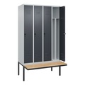 C+P Spind Classic PLUS Sitzbank, 4 Abteile, mittig, lichtgrau / grau, B 1200 mm, Sicherheits-Drehriegel, auskragend, Buche-Hartholz