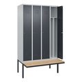 C+P Spind Classic PLUS Sitzbank, 4 Abteile, mittig, lichtgrau / grau, B 1200 mm, Zylinderschloss, auskragend, Buche-Hartholz