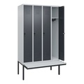 C+P Spind Classic PLUS Sitzbank, 4 Abteile, lichtgrau / grau, B 1200 mm, Sicherheits-Drehriegel, auskragend, Kunststoff