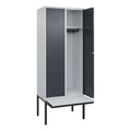 C+P Spind Classic PLUS Sitzbank, 2 Abteile, lichtgrau / grau, B 800 mm, Zylinderschloss, auskragend, Kunststoff