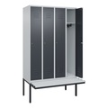 C+P Spind Classic PLUS Sitzbank, 4 Abteile, lichtgrau / grau, B 1200 mm, Zylinderschloss, auskragend, Kunststoff