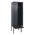 C+P Spind Classic PLUS Sitzbank, 2 Abteile, mittig, grau, B 600 mm, Sicherheits-Drehriegel, auskragend, Kunststoff