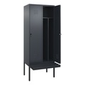 C+P Spind Classic PLUS Sitzbank, 2 Abteile, mittig, grau, B 800 mm, Sicherheits-Drehriegel, auskragend, Kunststoff