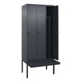 C+P Spind Classic PLUS Sitzbank, 3 Abteile, mittig, grau, B 900 mm, Sicherheits-Drehriegel, auskragend, Kunststoff