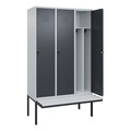 C+P Spind Classic PLUS Sitzbank, 3 Abteile, mittig, lichtgrau / grau, B 1200 mm, Sicherheits-Drehriegel, auskragend, Kunststoff