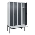 C+P Spind Classic PLUS Sitzbank, 4 Abteile, mittig, lichtgrau / grau, B 1200 mm, Sicherheits-Drehriegel, auskragend, Kunststoff