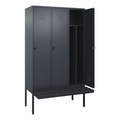 C+P Spind Classic PLUS Sitzbank, 3 Abteile, mittig, grau, B 1200 mm, Sicherheits-Drehriegel, auskragend, Kunststoff
