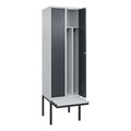C+P Spind Classic PLUS Sitzbank, 2 Abteile, mittig, lichtgrau / grau, B 600 mm, Zylinderschloss, auskragend, Kunststoff