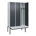 C+P Spind Classic PLUS Sitzbank, 3 Abteile, mittig, lichtgrau / grau, B 1200 mm, Zylinderschloss, auskragend, Kunststoff