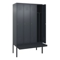 C+P Spind Classic PLUS Sitzbank, 4 Abteile, mittig, grau, B 1200 mm, Zylinderschloss, auskragend, Kunststoff