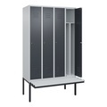 C+P Spind Classic PLUS Sitzbank, 4 Abteile, mittig, lichtgrau / grau, B 1200 mm, Zylinderschloss, auskragend, Kunststoff