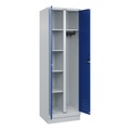 C+P Putzmittelspind Classic PLUS, 1 Abteil, Trennwand mittig, lichtgrau / enzianblau, B 600 mm, mit Bodensockel, Zylinderschloss