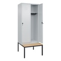 C+P Spind Classic PLUS Sitzbank, 2 Abteile, lichtgrau, B 800 mm, Sicherheits-Drehriegel, untergebaut, Buche-Hartholz