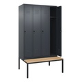 C+P Spind Classic PLUS Sitzbank, 4 Abteile, grau, B 1200 mm, Sicherheits-Drehriegel, untergebaut, Buche-Hartholz