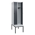C+P Spind Classic PLUS Sitzbank, 2 Abteile, lichtgrau / grau, B 600 mm, Sicherheits-Drehriegel, untergebaut, Kunststoff