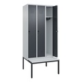 C+P Spind Classic PLUS Sitzbank, 3 Abteile, lichtgrau / grau, B 900 mm, Sicherheits-Drehriegel, untergebaut, Kunststoff