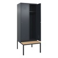 C+P Spind Classic PLUS Sitzbank, 2 Abteile, grau, B 800 mm, Zylinderschloss, untergebaut, Buche-Hartholz