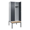 C+P Spind Classic PLUS Sitzbank, 2 Abteile, lichtgrau / grau, B 800 mm, Zylinderschloss, untergebaut, Buche-Hartholz