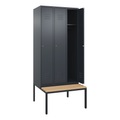 C+P Spind Classic PLUS Sitzbank, 3 Abteile, grau, B 900 mm, Zylinderschloss, untergebaut, Buche-Hartholz