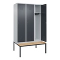 C+P Spind Classic PLUS Sitzbank, 3 Abteile, lichtgrau / grau, B 1200 mm, Zylinderschloss, untergebaut, Buche-Hartholz