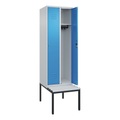 C+P Spind Classic PLUS Sitzbank, 2 Abteile, lichtgrau / lichtblau, B 600 mm, Zylinderschloss, untergebaut, Kunststoff