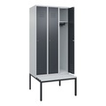 C+P Spind Classic PLUS Sitzbank, 3 Abteile, lichtgrau / grau, B 900 mm, Zylinderschloss, untergebaut, Kunststoff