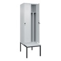 C+P Spind Classic PLUS Sitzbank, 2 Abteile, mittig, lichtgrau, B 600 mm, Sicherheits-Drehriegel, untergebaut, Kunststoff