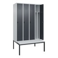 C+P Spind Classic PLUS Sitzbank, 4 Abteile, mittig, lichtgrau / grau, B 1200 mm, Sicherheits-Drehriegel, untergebaut, Kunststoff