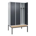 C+P Spind Classic PLUS Sitzbank, 3 Abteile, mittig, lichtgrau / grau, B 1200 mm, Zylinderschloss, untergebaut, Buche-Hartholz